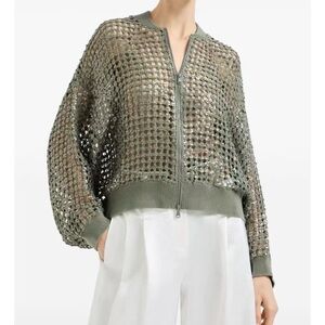 Brunello Cucinelli Olive Open-Knit Zip Bomber Jacket
